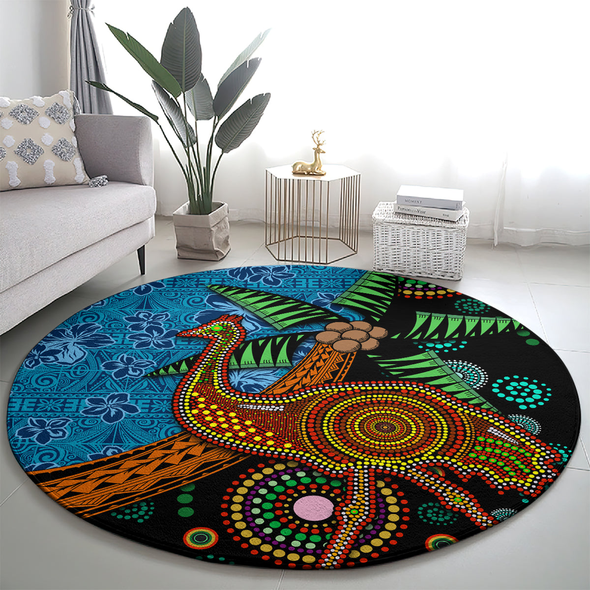 Fiji and Australia Round Carpet Palm Tree and Abogirinal Emu
