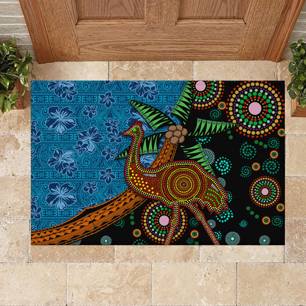 Fiji and Australia Rubber Doormat Palm Tree and Abogirinal Emu