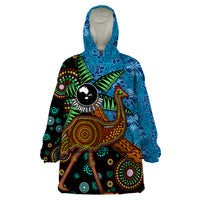 Fiji and Australia Wearable Blanket Hoodie Palm Tree and Abogirinal Emu LT03 One Size Blue - Polynesian Pride