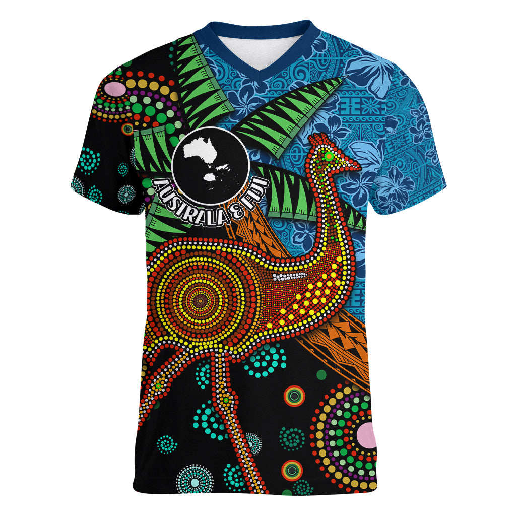 Fiji and Australia Women V-Neck T-Shirt Palm Tree and Abogirinal Emu