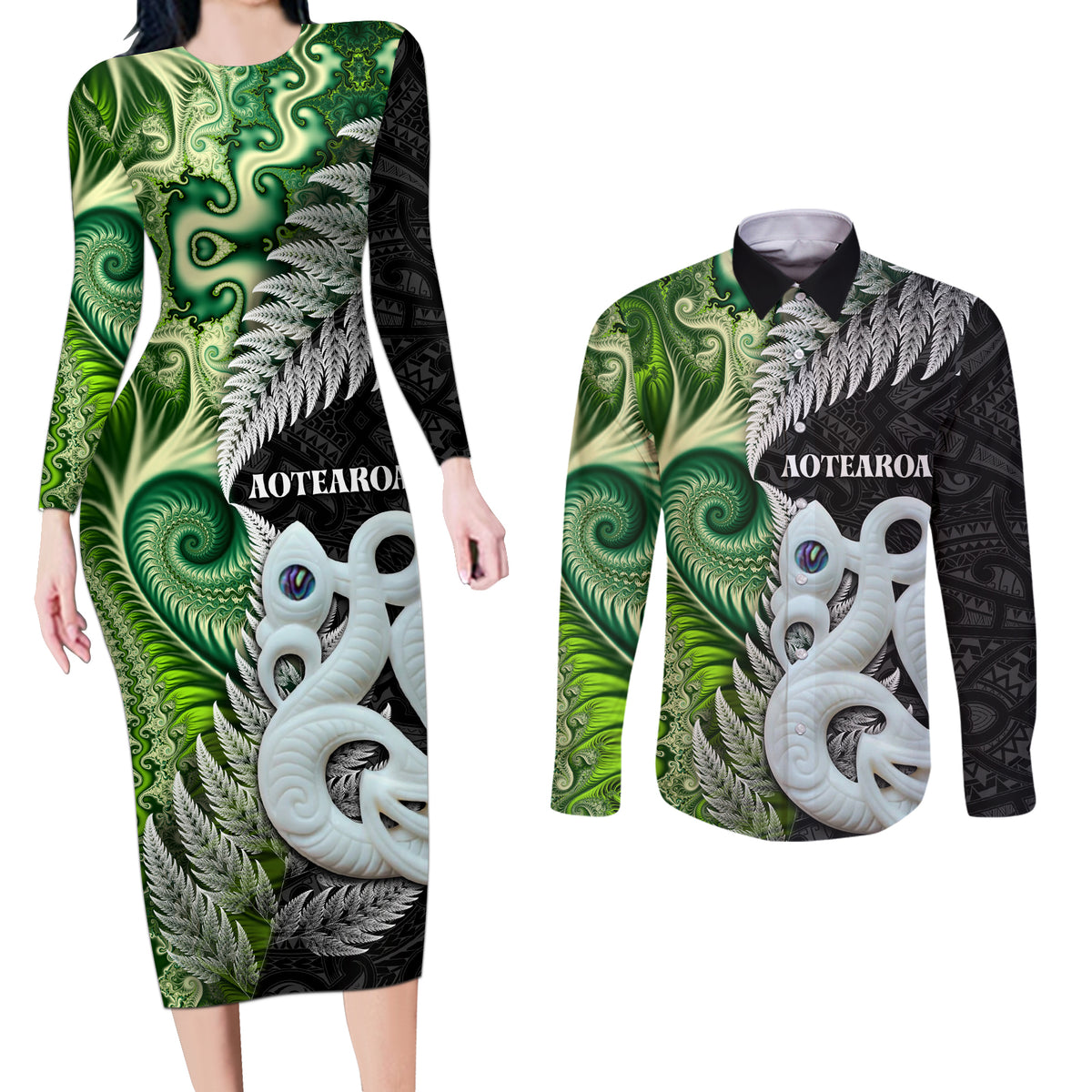 New Zealand Koru Natural Couples Matching Long Sleeve Bodycon Dress and Long Sleeve Button Shirt Manaia and Silver Fern Maori Pattern