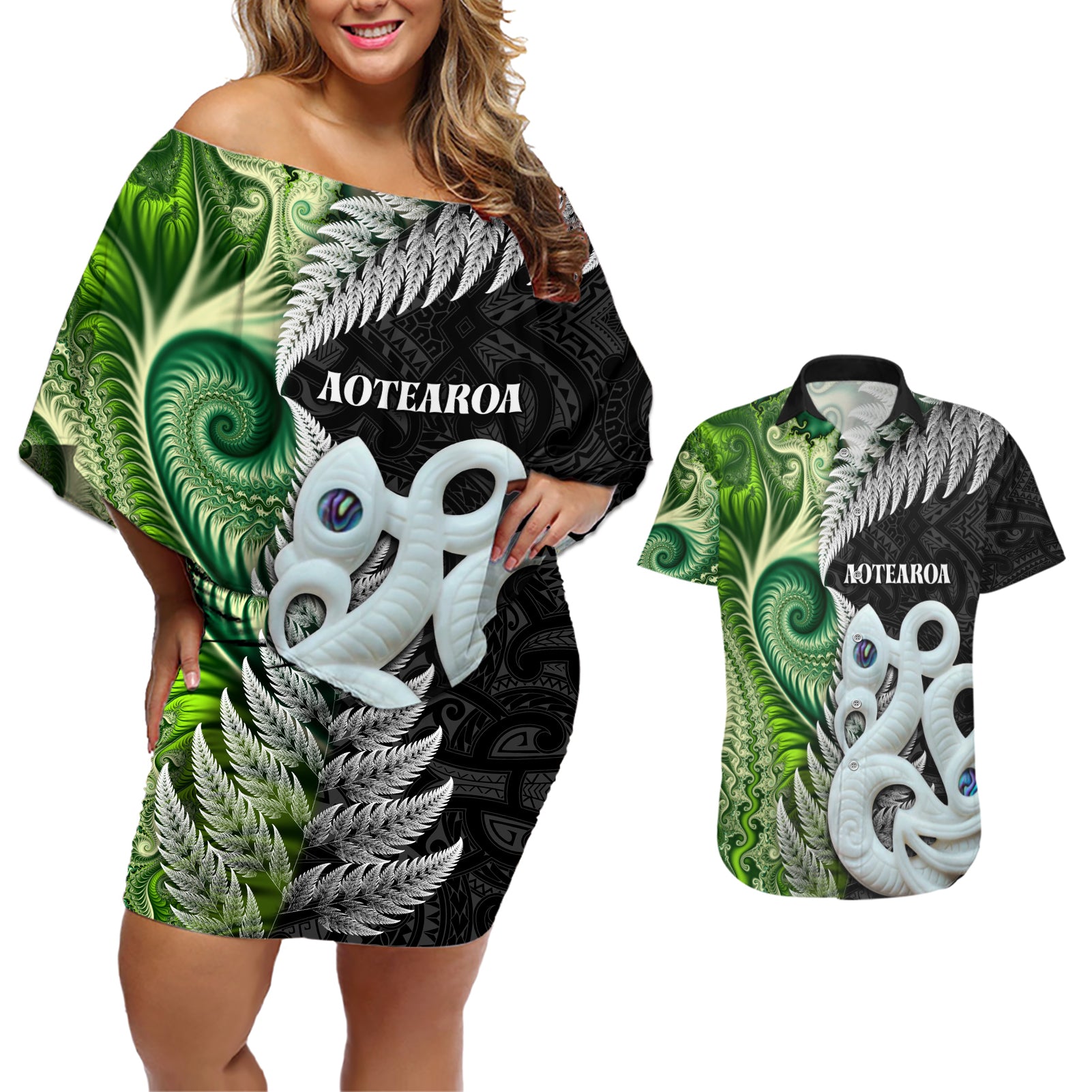 New Zealand Koru Natural Couples Matching Off Shoulder Short Dress and Hawaiian Shirt Manaia and Silver Fern Maori Pattern