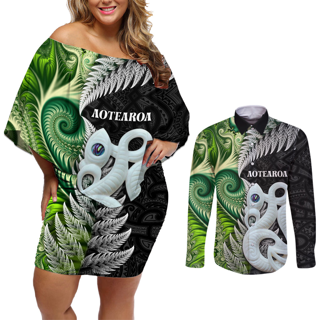 New Zealand Koru Natural Couples Matching Off Shoulder Short Dress and Long Sleeve Button Shirt Manaia and Silver Fern Maori Pattern