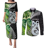 New Zealand Koru Natural Couples Matching Puletasi and Long Sleeve Button Shirt Manaia and Silver Fern Maori Pattern