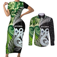 New Zealand Koru Natural Couples Matching Short Sleeve Bodycon Dress and Long Sleeve Button Shirt Manaia and Silver Fern Maori Pattern