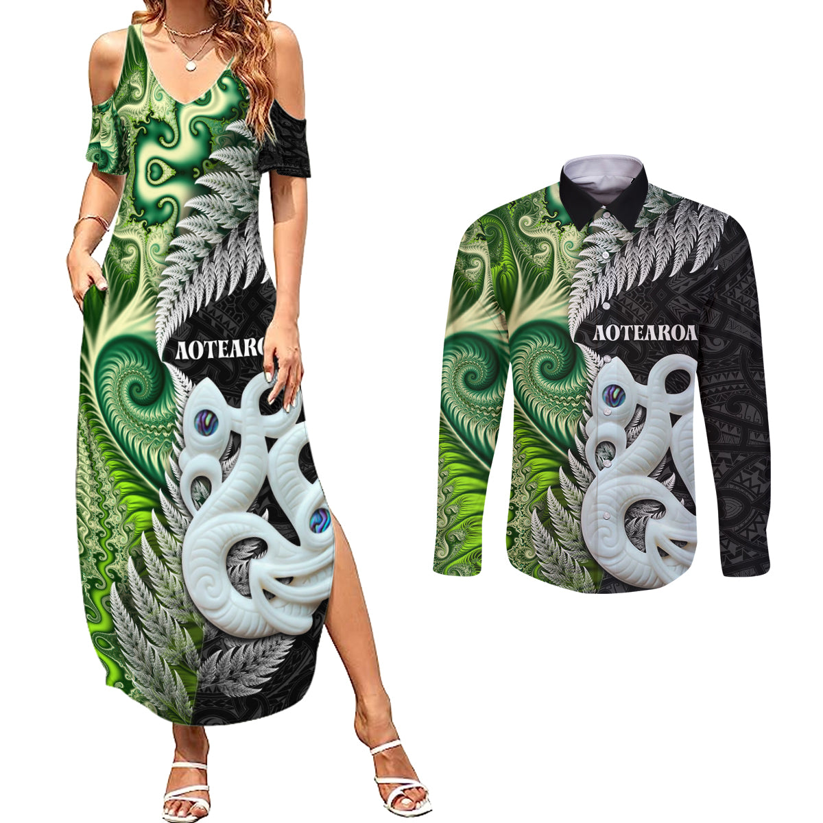 New Zealand Koru Natural Couples Matching Summer Maxi Dress and Long Sleeve Button Shirt Manaia and Silver Fern Maori Pattern