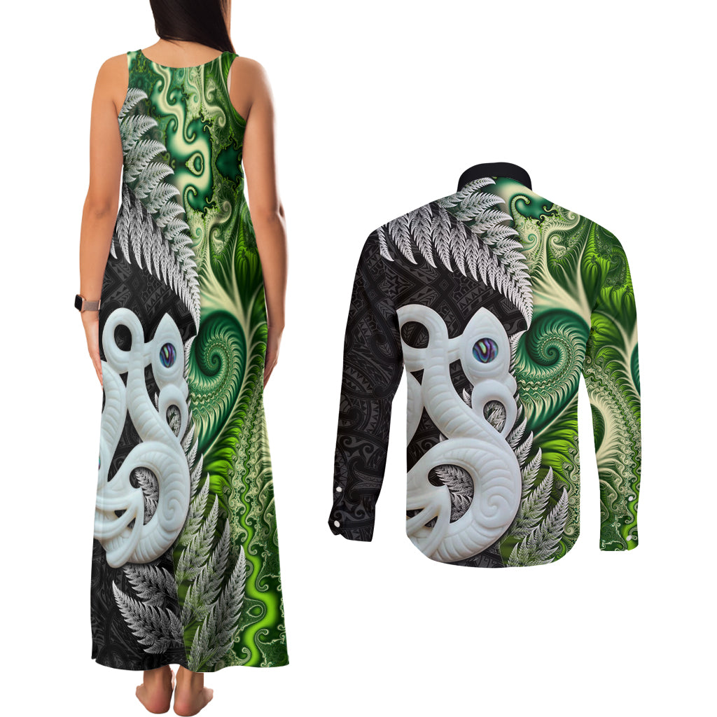 New Zealand Koru Natural Couples Matching Tank Maxi Dress and Long Sleeve Button Shirt Manaia and Silver Fern Maori Pattern