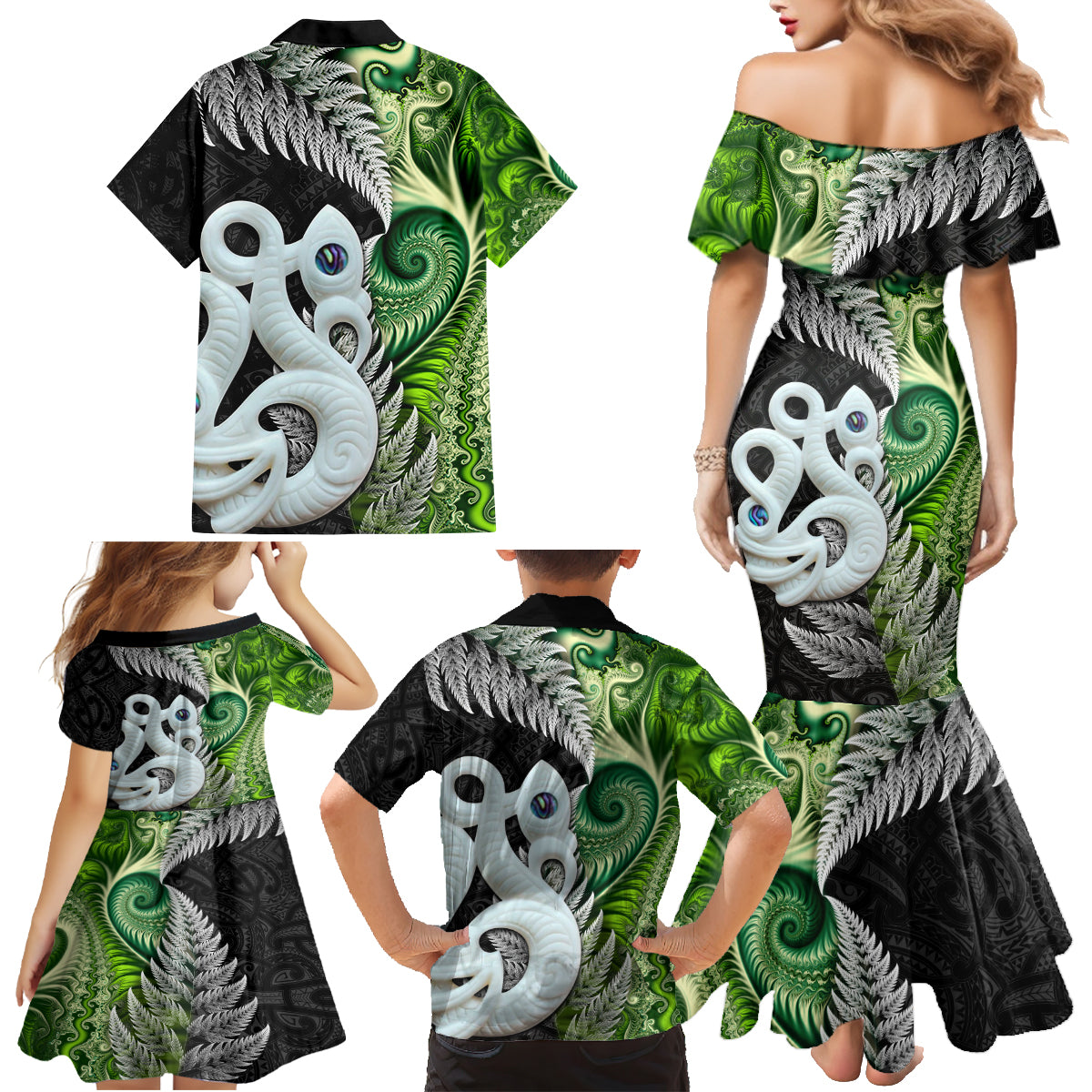 New Zealand Koru Natural Family Matching Mermaid Dress and Hawaiian Shirt Manaia and Silver Fern Maori Pattern