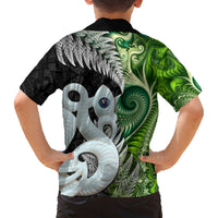 New Zealand Koru Natural Family Matching Off The Shoulder Long Sleeve Dress and Hawaiian Shirt Manaia and Silver Fern Maori Pattern