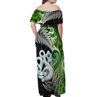 New Zealand Koru Natural Off Shoulder Maxi Dress Manaia and Silver Fern Maori Pattern