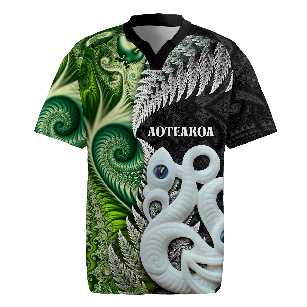 New Zealand Koru Natural Rugby Jersey Manaia and Silver Fern Maori Pattern
