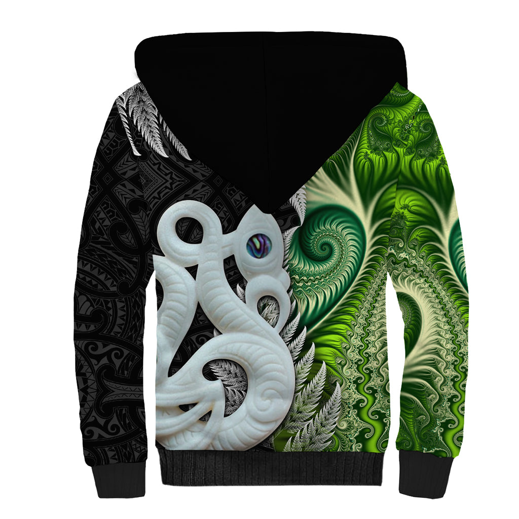 New Zealand Koru Natural Sherpa Hoodie Manaia and Silver Fern Maori Pattern
