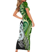 New Zealand Koru Natural Short Sleeve Bodycon Dress Manaia and Silver Fern Maori Pattern
