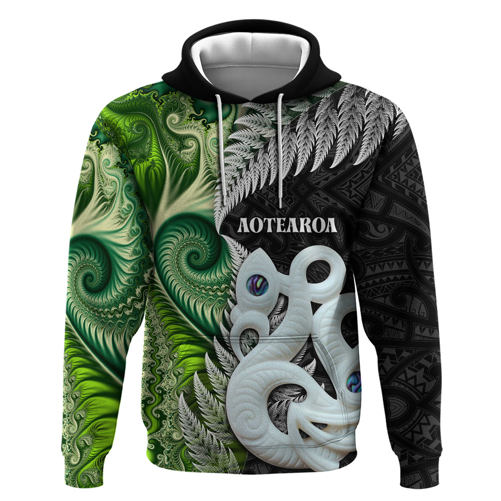 New Zealand Koru Natural Zip Hoodie Manaia and Silver Fern Maori Pattern
