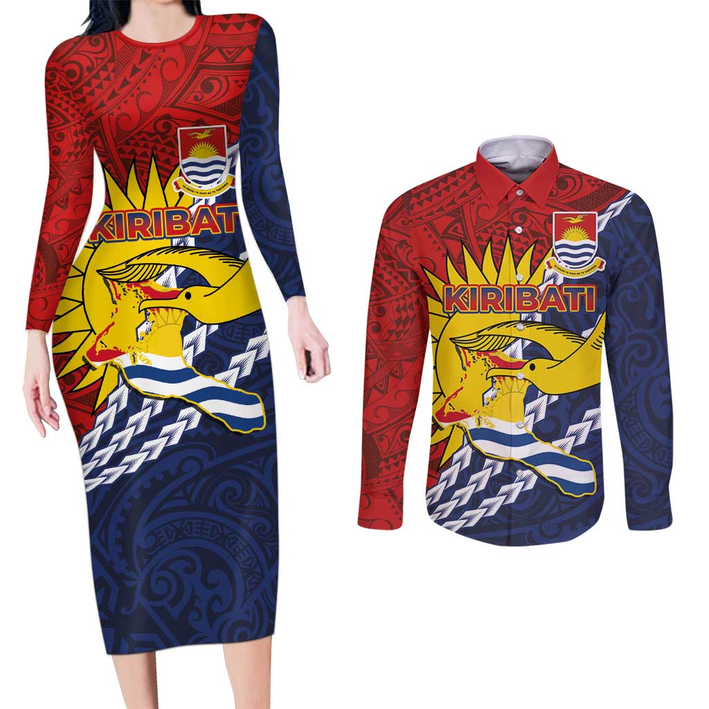Kiribati Independence Day Couples Matching Long Sleeve Bodycon Dress and Long Sleeve Button Shirt Polynesian and Melanesian Art Tattoo