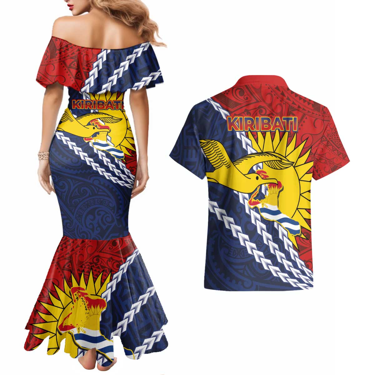 Kiribati Independence Day Couples Matching Mermaid Dress and Hawaiian Shirt Polynesian and Melanesian Art Tattoo