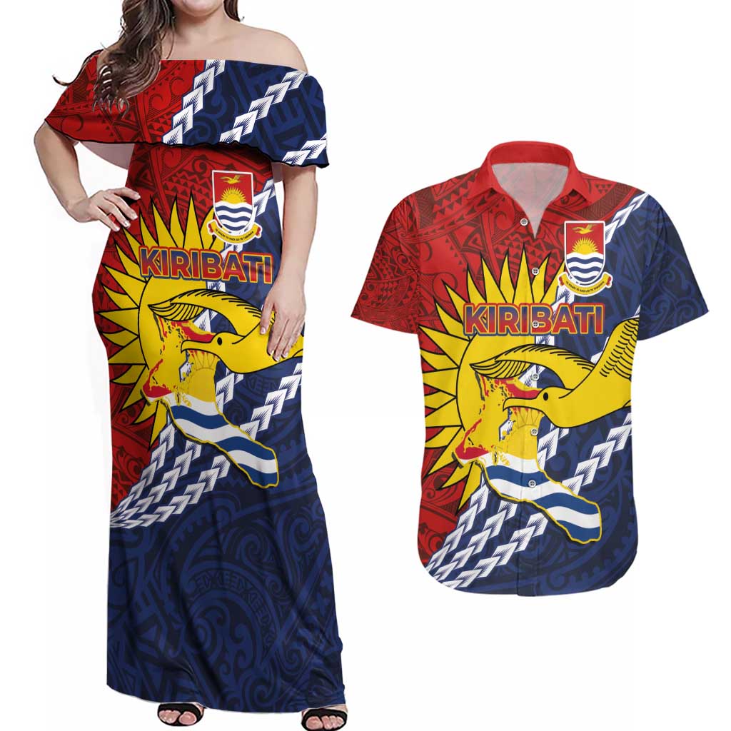 Kiribati Independence Day Couples Matching Off Shoulder Maxi Dress and Hawaiian Shirt Polynesian and Melanesian Art Tattoo