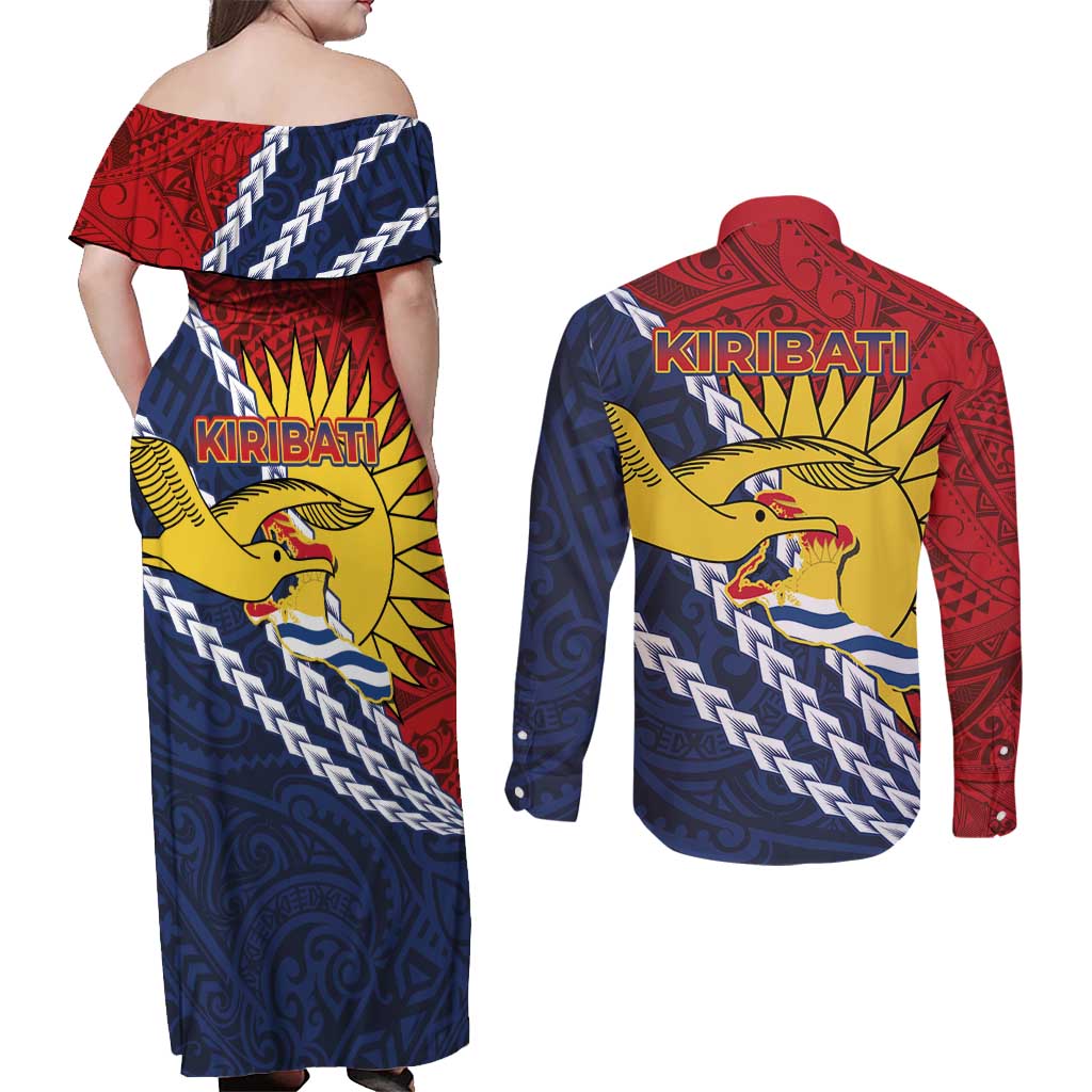 Kiribati Independence Day Couples Matching Off Shoulder Maxi Dress and Long Sleeve Button Shirt Polynesian and Melanesian Art Tattoo
