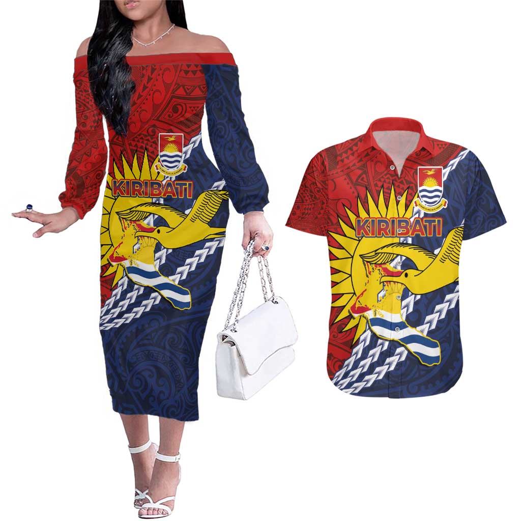 Kiribati Independence Day Couples Matching Off The Shoulder Long Sleeve Dress and Hawaiian Shirt Polynesian and Melanesian Art Tattoo