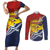 Kiribati Independence Day Couples Matching Short Sleeve Bodycon Dress and Long Sleeve Button Shirt Polynesian and Melanesian Art Tattoo