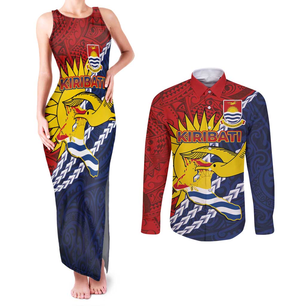 Kiribati Independence Day Couples Matching Tank Maxi Dress and Long Sleeve Button Shirt Polynesian and Melanesian Art Tattoo