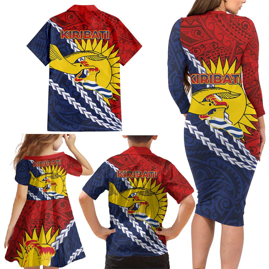 Kiribati Independence Day Family Matching Long Sleeve Bodycon Dress and Hawaiian Shirt Polynesian and Melanesian Art Tattoo
