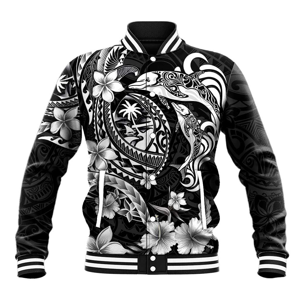 Guam Dolphins Tribal Tattoo Baseball Jacket Polynesian Art and Tropical Flower Grayscale