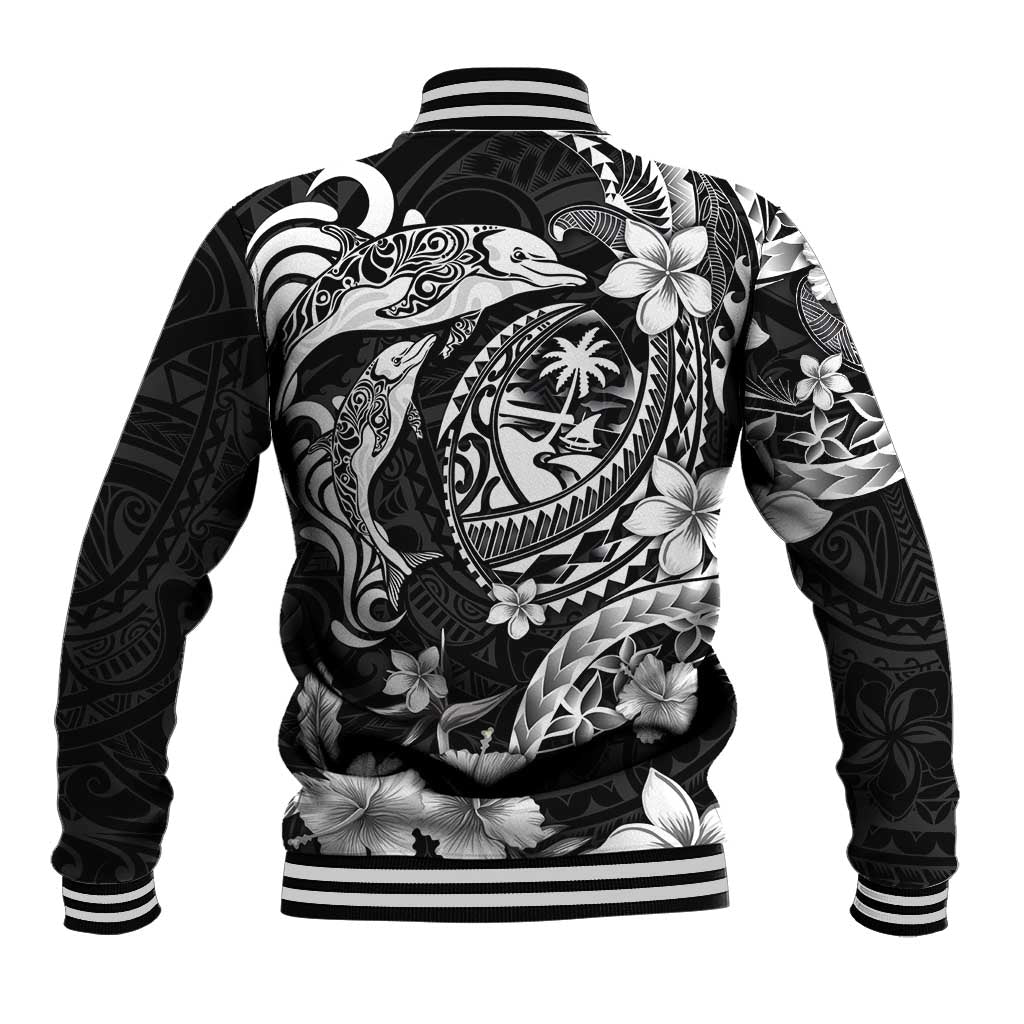 Guam Dolphins Tribal Tattoo Baseball Jacket Polynesian Art and Tropical Flower Grayscale