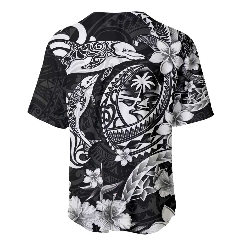 Guam Dolphins Tribal Tattoo Baseball Jersey Polynesian Art and Tropical Flower Grayscale
