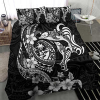 Guam Dolphins Tribal Tattoo Bedding Set Polynesian Art and Tropical Flower Grayscale