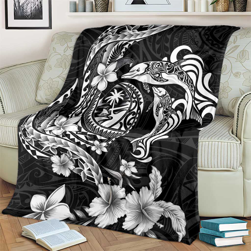 Guam Dolphins Tribal Tattoo Blanket Polynesian Art and Tropical Flower Grayscale