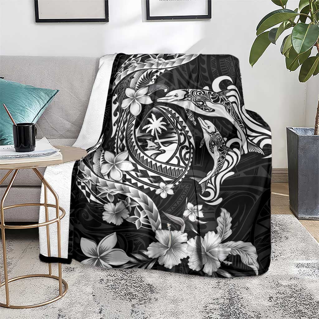 Guam Dolphins Tribal Tattoo Blanket Polynesian Art and Tropical Flower Grayscale