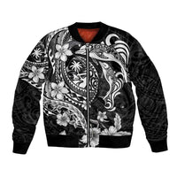 Guam Dolphins Tribal Tattoo Bomber Jacket Polynesian Art and Tropical Flower Grayscale