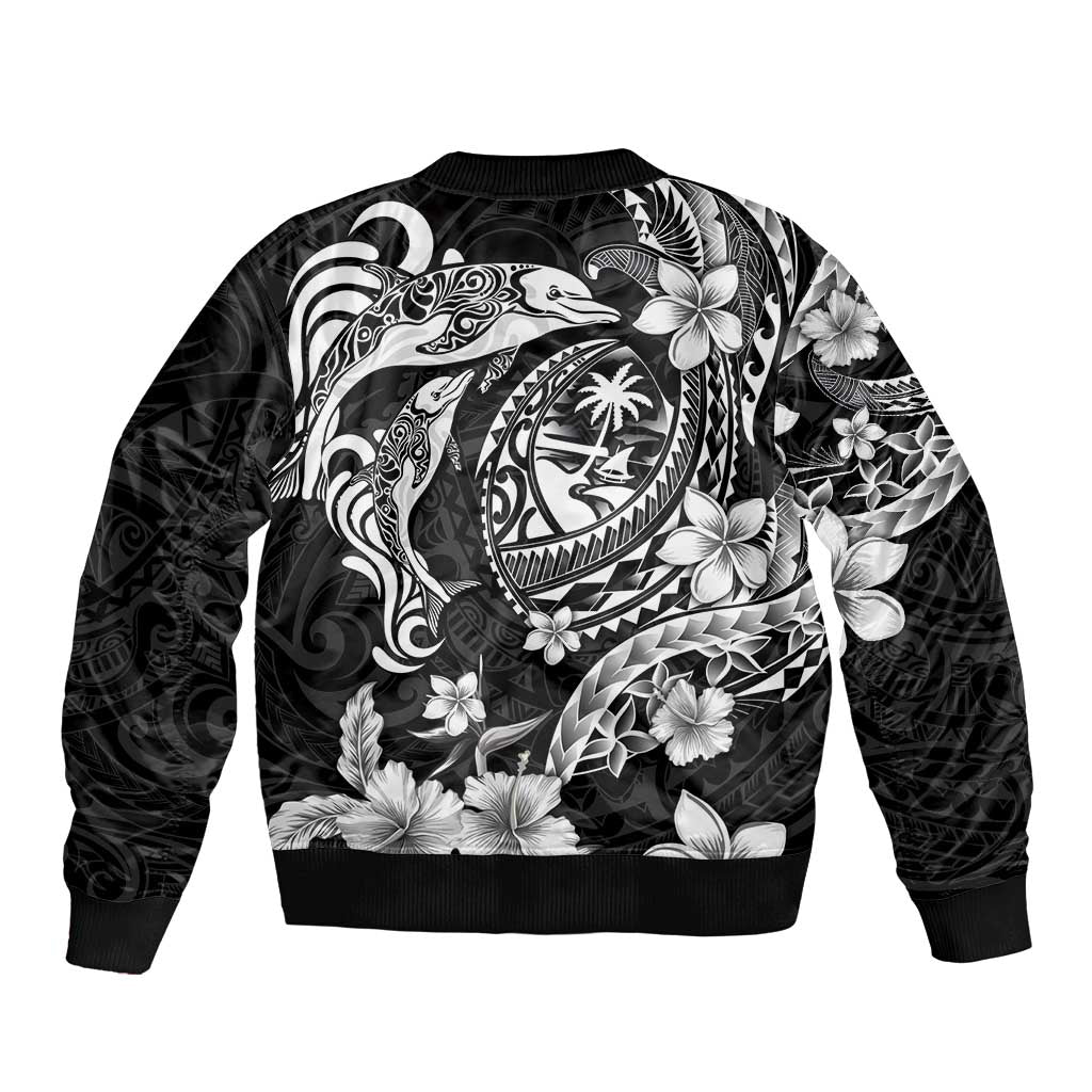 Guam Dolphins Tribal Tattoo Bomber Jacket Polynesian Art and Tropical Flower Grayscale