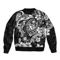 Guam Dolphins Tribal Tattoo Bomber Jacket Polynesian Art and Tropical Flower Grayscale