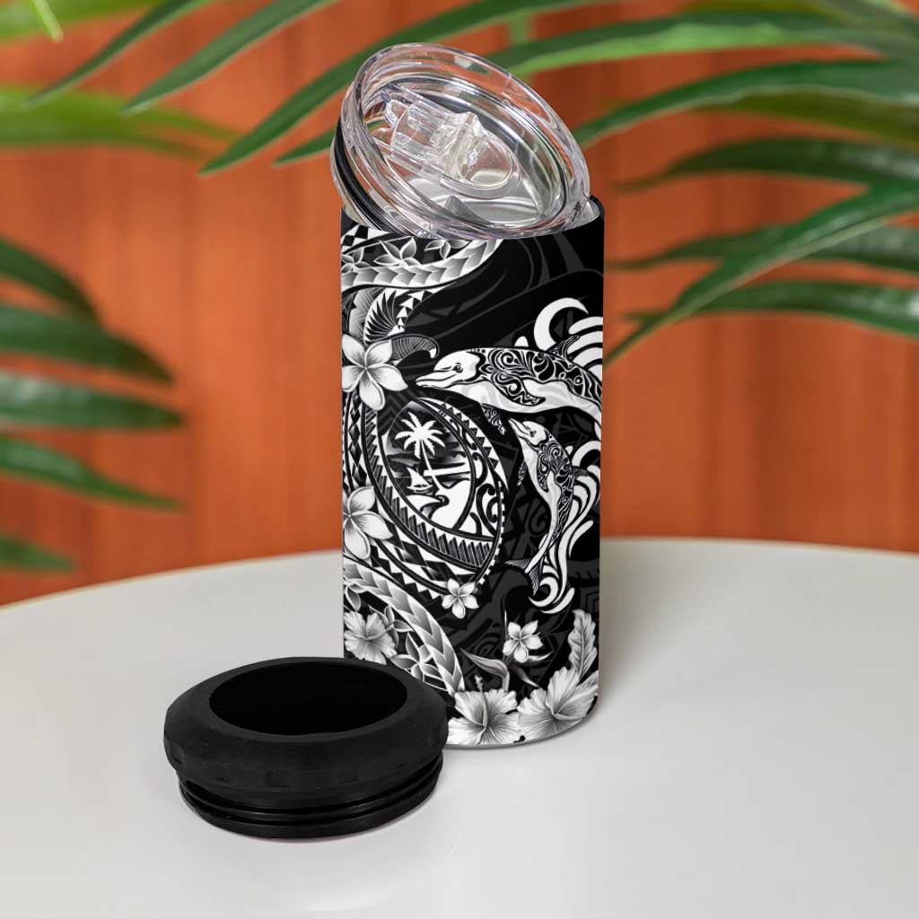 Guam Dolphins Tribal Tattoo 4 in 1 Can Cooler Tumbler Polynesian Art and Tropical Flower Grayscale LT03 - Polynesian Pride
