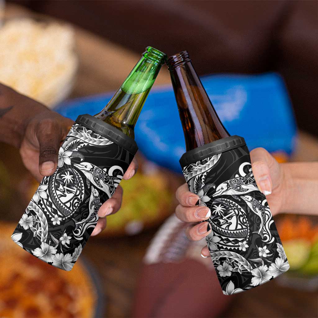 Guam Dolphins Tribal Tattoo 4 in 1 Can Cooler Tumbler Polynesian Art and Tropical Flower Grayscale LT03 - Polynesian Pride