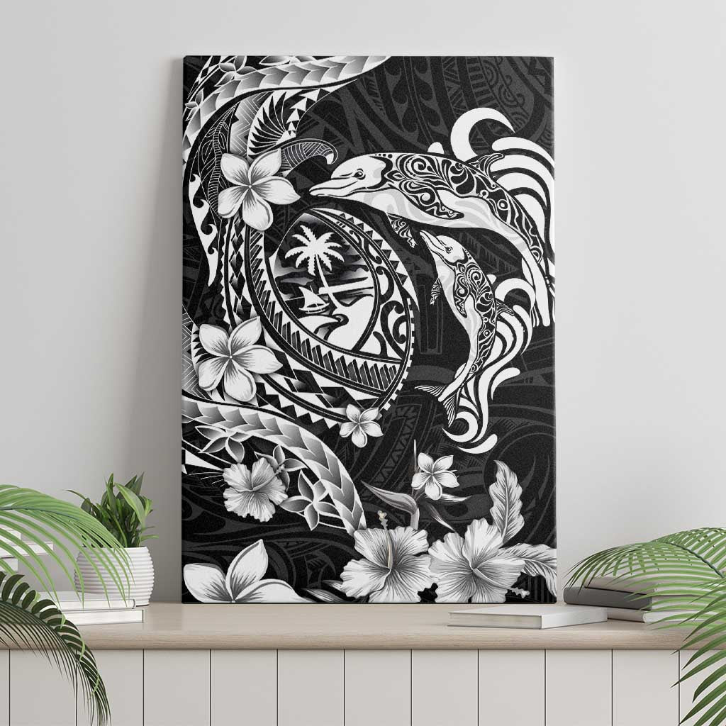 Guam Dolphins Tribal Tattoo Canvas Wall Art Polynesian Art and Tropical Flower Grayscale