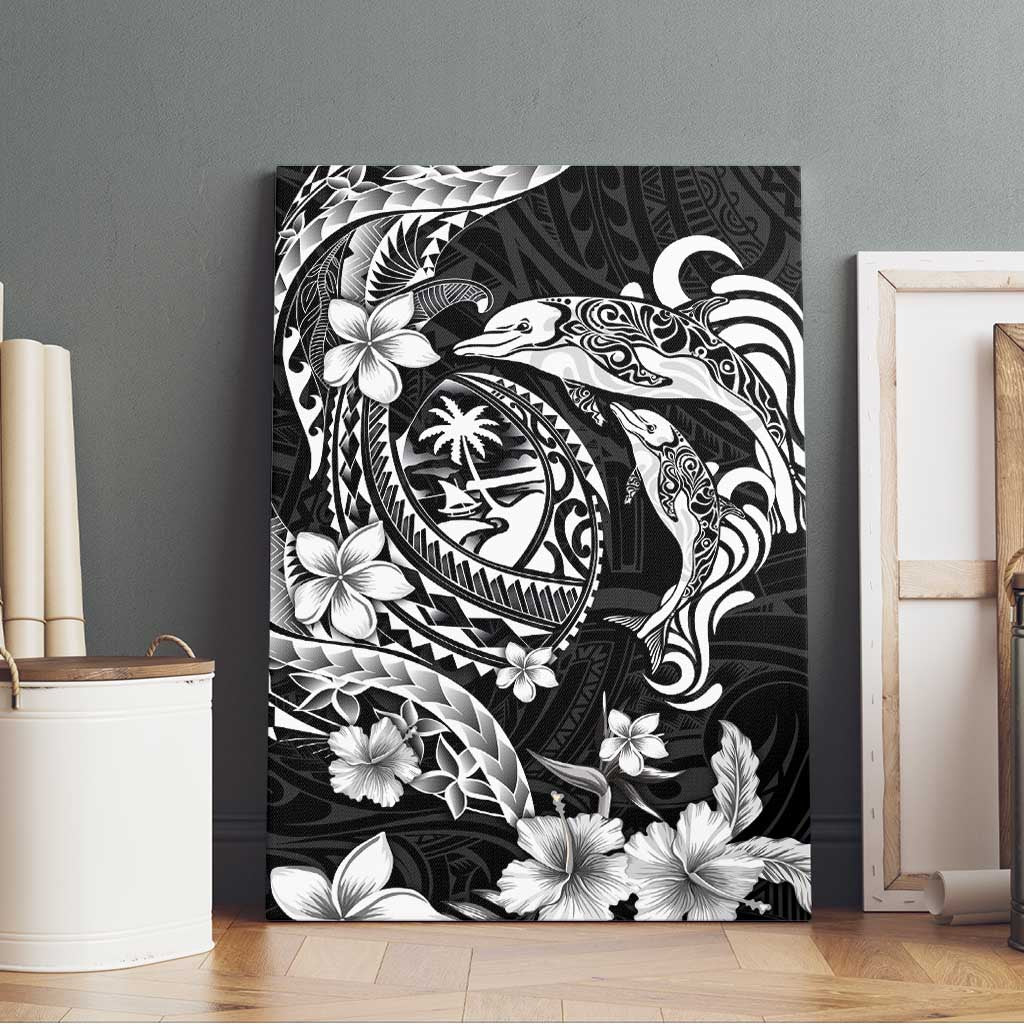 Guam Dolphins Tribal Tattoo Canvas Wall Art Polynesian Art and Tropical Flower Grayscale