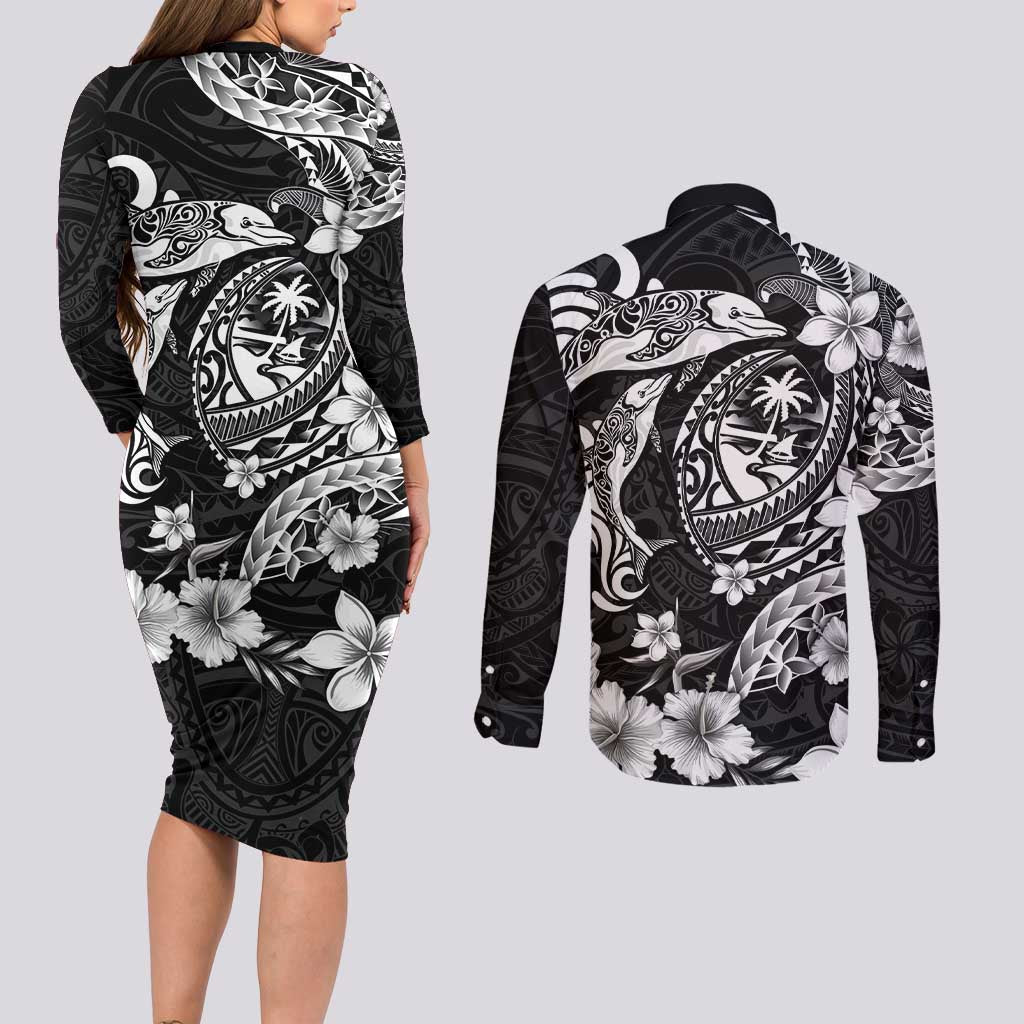 Guam Dolphins Tribal Tattoo Couples Matching Long Sleeve Bodycon Dress and Long Sleeve Button Shirt Polynesian Art and Tropical Flower Grayscale
