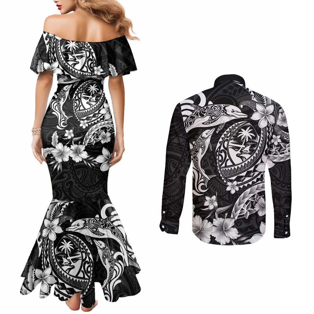 Guam Dolphins Tribal Tattoo Couples Matching Mermaid Dress and Long Sleeve Button Shirt Polynesian Art and Tropical Flower Grayscale