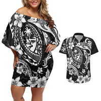 Guam Dolphins Tribal Tattoo Couples Matching Off Shoulder Short Dress and Hawaiian Shirt Polynesian Art and Tropical Flower Grayscale