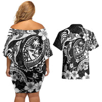 Guam Dolphins Tribal Tattoo Couples Matching Off Shoulder Short Dress and Hawaiian Shirt Polynesian Art and Tropical Flower Grayscale