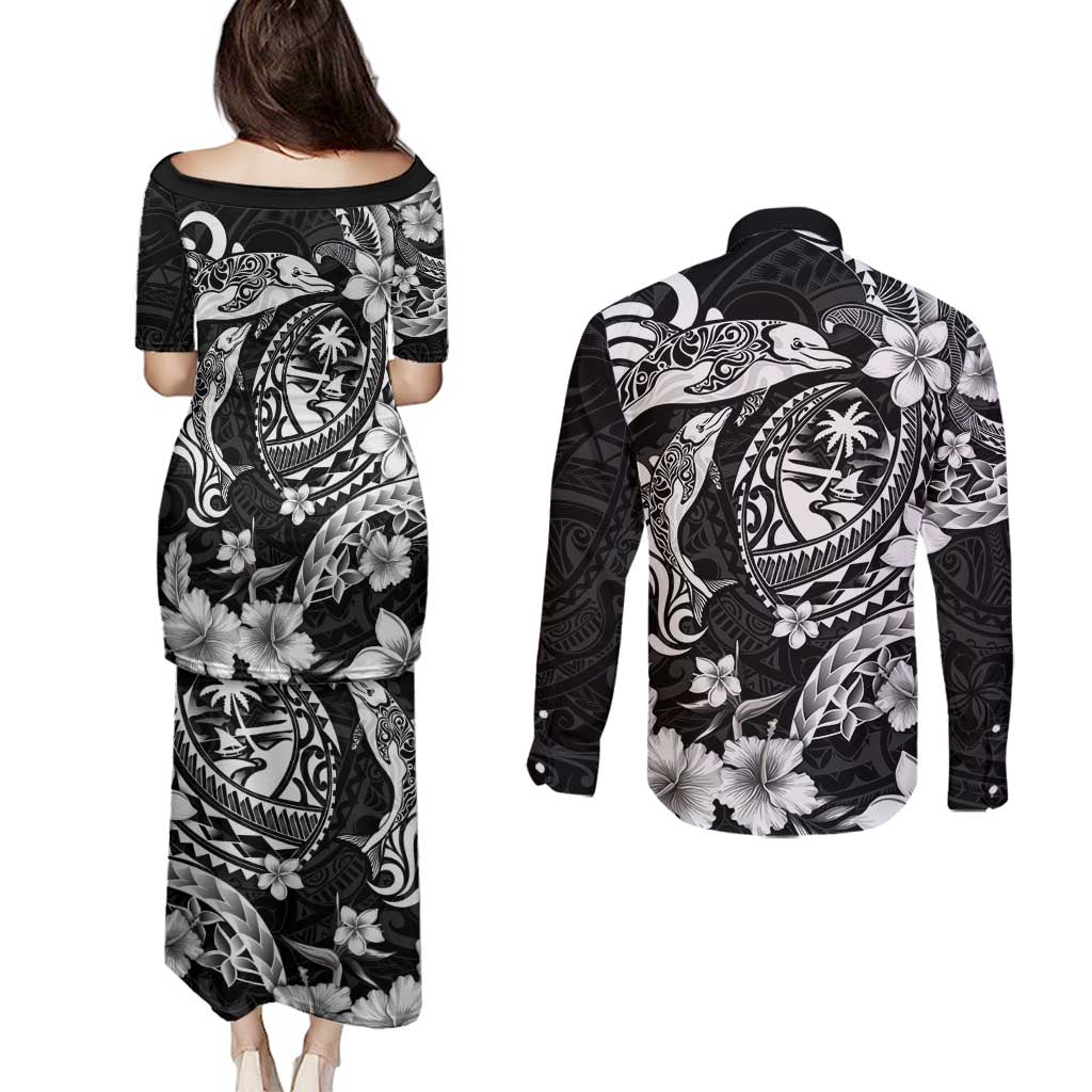 Guam Dolphins Tribal Tattoo Couples Matching Puletasi and Long Sleeve Button Shirt Polynesian Art and Tropical Flower Grayscale