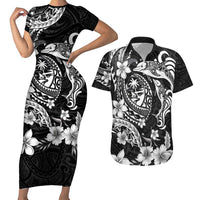 Guam Dolphins Tribal Tattoo Couples Matching Short Sleeve Bodycon Dress and Hawaiian Shirt Polynesian Art and Tropical Flower Grayscale