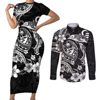 Guam Dolphins Tribal Tattoo Couples Matching Short Sleeve Bodycon Dress and Long Sleeve Button Shirt Polynesian Art and Tropical Flower Grayscale