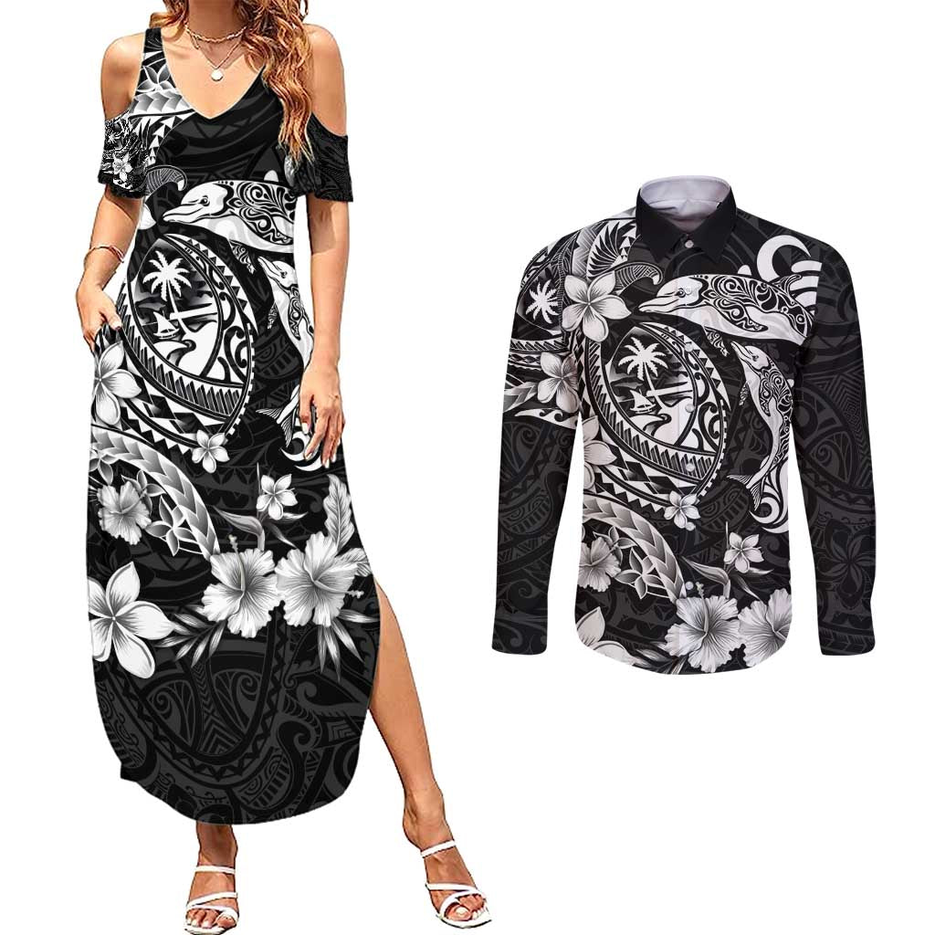 Guam Dolphins Tribal Tattoo Couples Matching Summer Maxi Dress and Long Sleeve Button Shirt Polynesian Art and Tropical Flower Grayscale