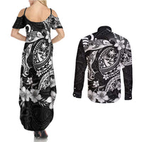 Guam Dolphins Tribal Tattoo Couples Matching Summer Maxi Dress and Long Sleeve Button Shirt Polynesian Art and Tropical Flower Grayscale