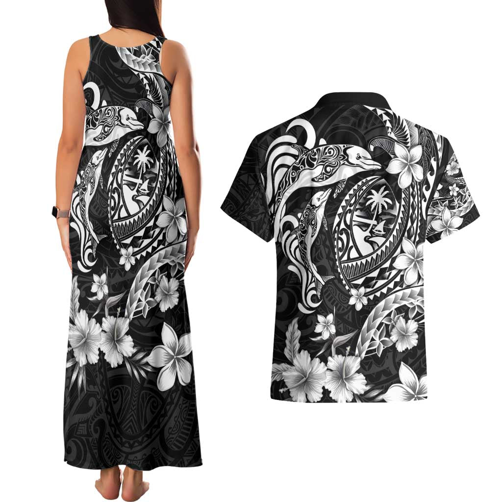 Guam Dolphins Tribal Tattoo Couples Matching Tank Maxi Dress and Hawaiian Shirt Polynesian Art and Tropical Flower Grayscale