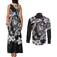 Guam Dolphins Tribal Tattoo Couples Matching Tank Maxi Dress and Long Sleeve Button Shirt Polynesian Art and Tropical Flower Grayscale
